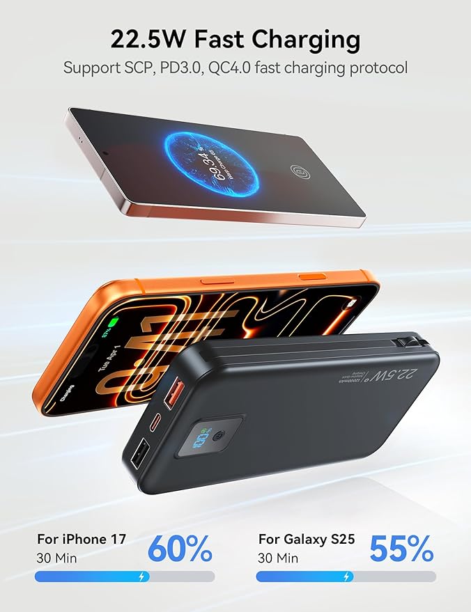 Portable Power Bank, 12000mAh 22.5W Fast Charging Phone Charger with Built-in Cables & Wall Plug, Travel Essential Battery Pack with LED Display, USB C Battery Charging Bank for iPhone, Samsung Black