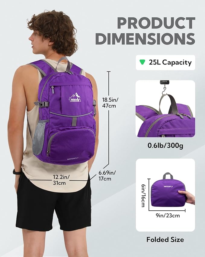 WATERFLY Hiking Packable Daypack Backpack: 25L Ultra Lightweight Day Pack for Woman Man - Small Compact Folding Back Pack for Outdoor Sport Cycling Camping Travel Trip - Purple