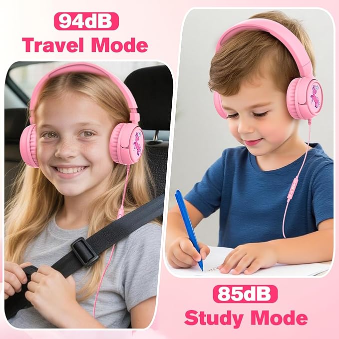 K6 Kids Headphones, 85/94dB Volume Limit Wired Headphones for Kids,3.5mm Jack Foldable Stereo Sound Toddler Headset with Mic, On-Ear Headphone for Smartphones/iPad/Tablet/Plane/Travel (Pink)