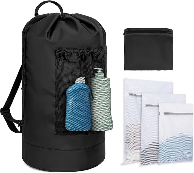 Laundry Bag Backpack with 3 Sizes Mesh Wash Bags and Shoulder Straps Foldable Clothes Hamper Bag with Drawstring Closure for College, Apartment, Laundromat (Black)