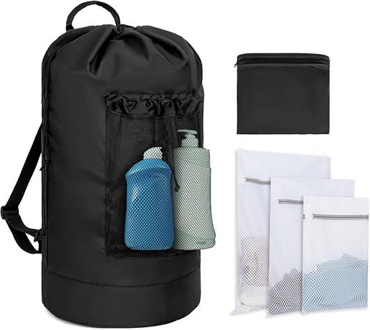 Laundry Bag Backpack with 3 Sizes Mesh Wash Bags and Shoulder Straps Foldable Clothes Hamper Bag with Drawstring Closure for College, Apartment, Laundromat (Black)