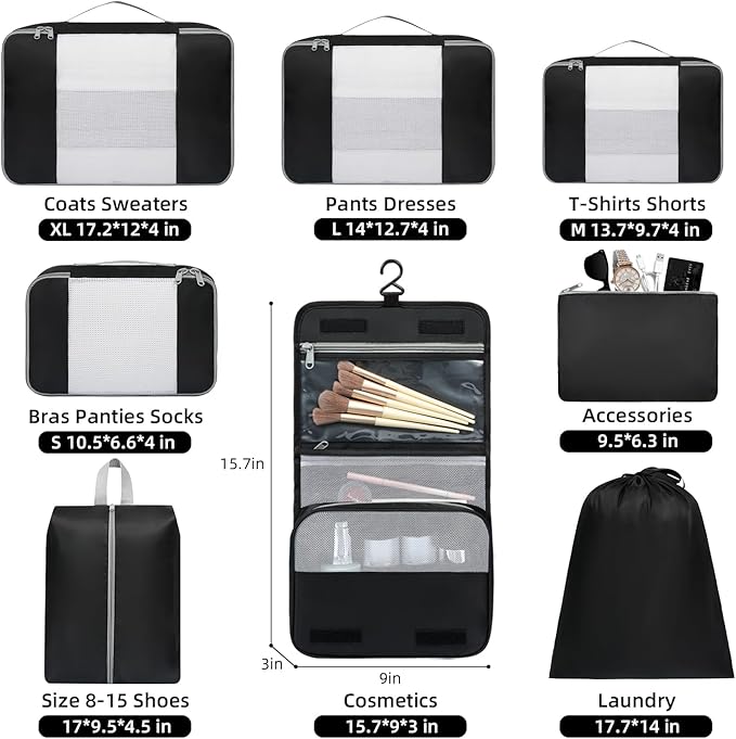 BAGAIL 6 Set/8 Set/10 Set Packing Cubes Various Sizes Packing Organizer for Travel Accessories Luggage Carry On Suitcase