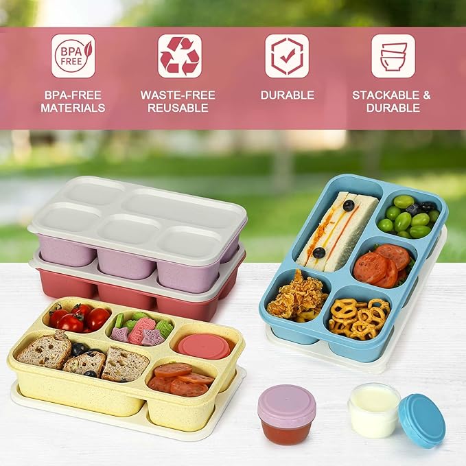 Caperci Large Bento Lunch Boxes for Adults & Kids - 5 Compartment Lunchable Snack Box Containers, Built-in 4 Leak-Proof Dipping Sauce Cups, Reusable Food Storage Containers, 4-Pack (Vintage Colors)