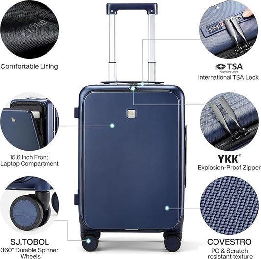 Hanke 20 Inch Carry On Luggage with Front Pocket Aluminum Frame, Hard Shell Suitcases with Wheels, Rolling Luggage, Suitcase with Lock, Travel Luggage for Weekender, Dark Blue