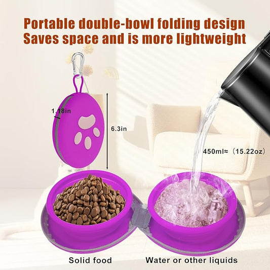Collapsible Dog Bowls, 2-in-1 Silicone Pet Food and Water Bowl with Carabiner, Portable Double Compartment Dish for Travel, Camping, Hiking Puppy Essentials (Purple)