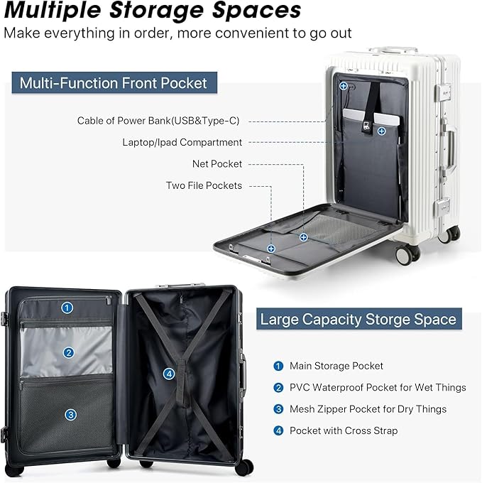 MRPLUM Front Pocket Carry On Luggage,PC Hardside Spinner Wheel Suitcase with TSA Lock,Cup Holder,Phone Holder&USB Charging Port,White(1 Piece)