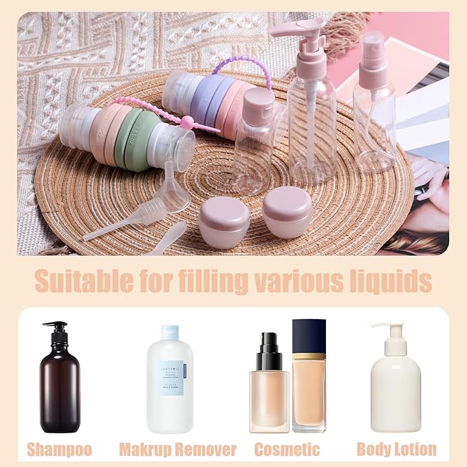 BS-MALL10-pack Leak-proof Travel Bottles Set - Silicone Shampoo & Conditioner Containers With Folding Design & Toiletry Bag For Convenient Trips Shampoo Lotion Skincare