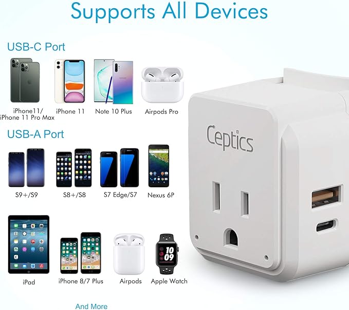 Ceptics International Power Plug Adapter Travel Set, 20W PD & QC, Safe Dual USB & USB-C 3.1A - 2 USA Outlet - Compact - Use Europe, Asia, Africa In Worldwide - Includes 13 Type SWadAPt Attachments