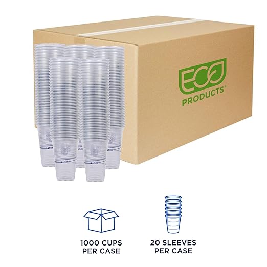 ECO PRODUCTS BlueStripe Recycled 20oz Plastic Cups, Case of 1000, Made from 30% Post-Consumer Recycled Plastic Bottles, Recycled PET (rPET) For Cold Drinks & Snacks, Clear For Visibility