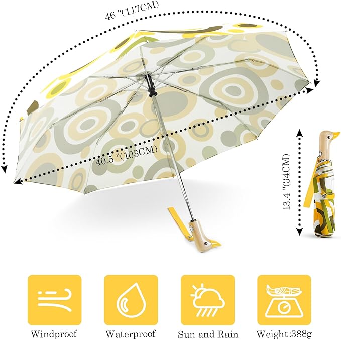 Cute Duck Umbrella Automatic - Compact Pretty Pocket Size Strong Duck Collapsible Umbrella Yellow Wooden Handle for Women