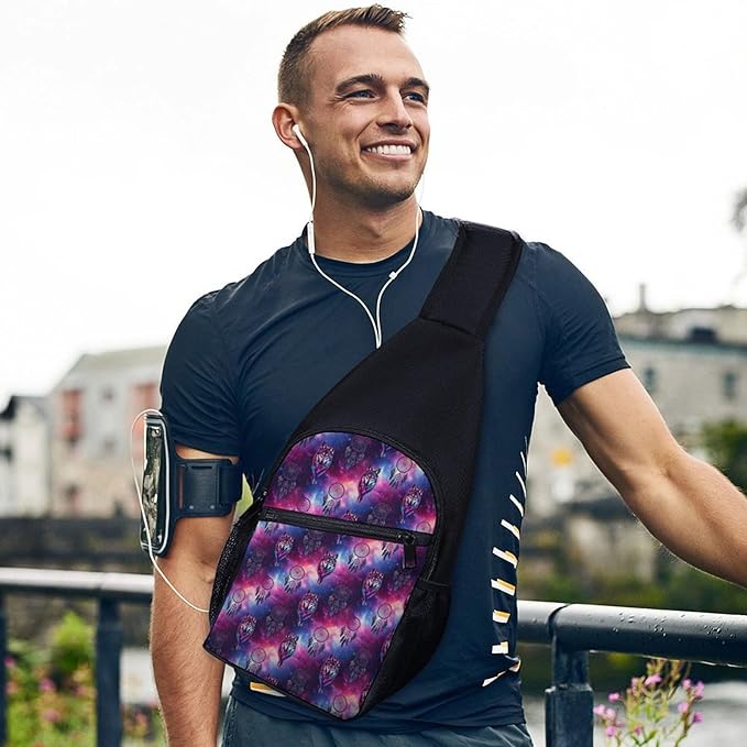 SWEET TANG Cool Sling Backpack for Men Women, Multipurpose Crossbody Shoulder Bag Dream Catcher Wolf Space Fantasy, Travel Hiking Zippered Daypack, Adjustable and Breathable