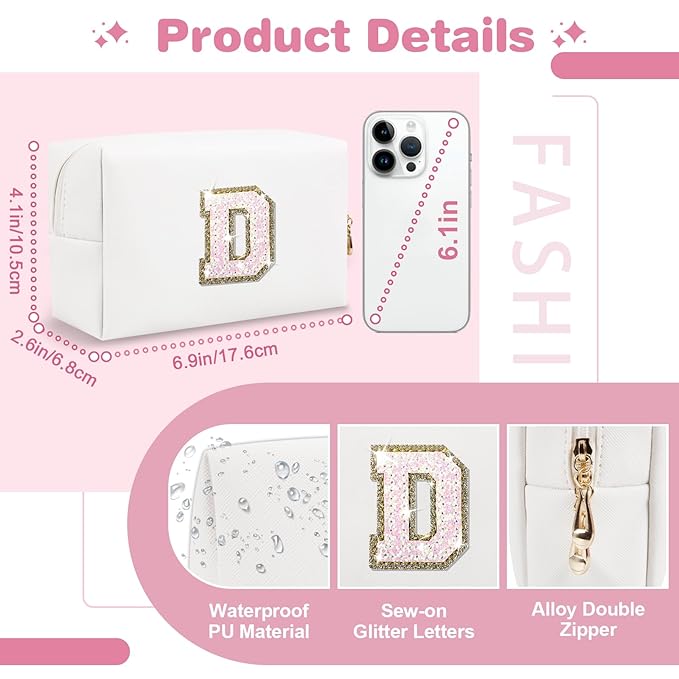 Small Initial Patch Makeup Bag Personalized Gifts Make Up Bag,White Cute PU Leather Glitter Letter Cosmetic Bag with Zipper,Trendy Portable Travel Toiletry Pouch,Preppy Stuff for Teen Girls Women D