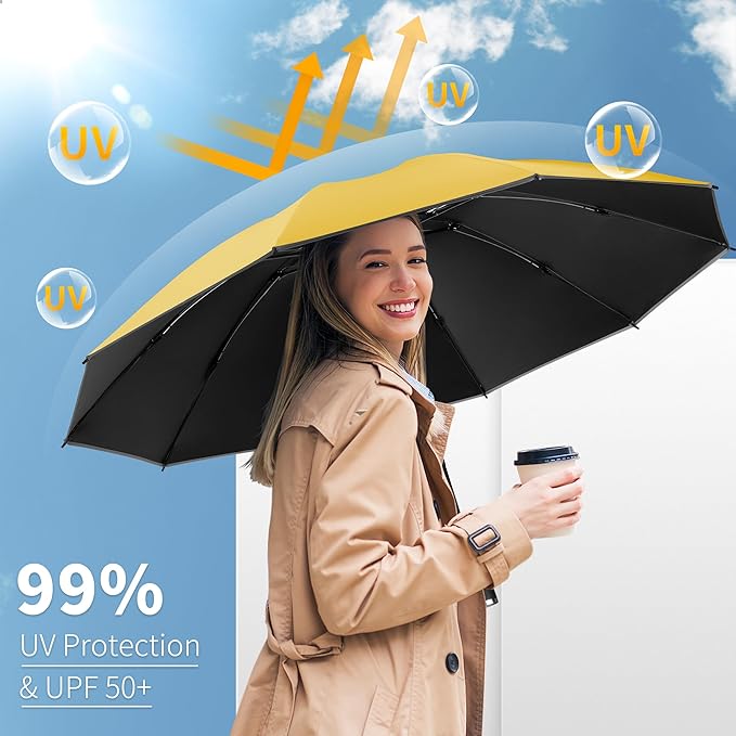 Seniny Travel Umbrella with Carabiner Handle, Windproof Large Umbrellas for Rain with Dual-Rib Structure, Portable Compact Umbrella with Reflective Strip, Car Backpack UV Umbrellas for Sun Protection