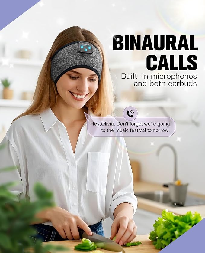 Voerou Sleep Headphones Bluetooth Headband for Women Men, Wireless Sleeping Headphones for Side Sleepers with Ultra-thin Stereo Speakers, Unique Gift for Men Sleeping Yoga Meditation Travel Office Nap