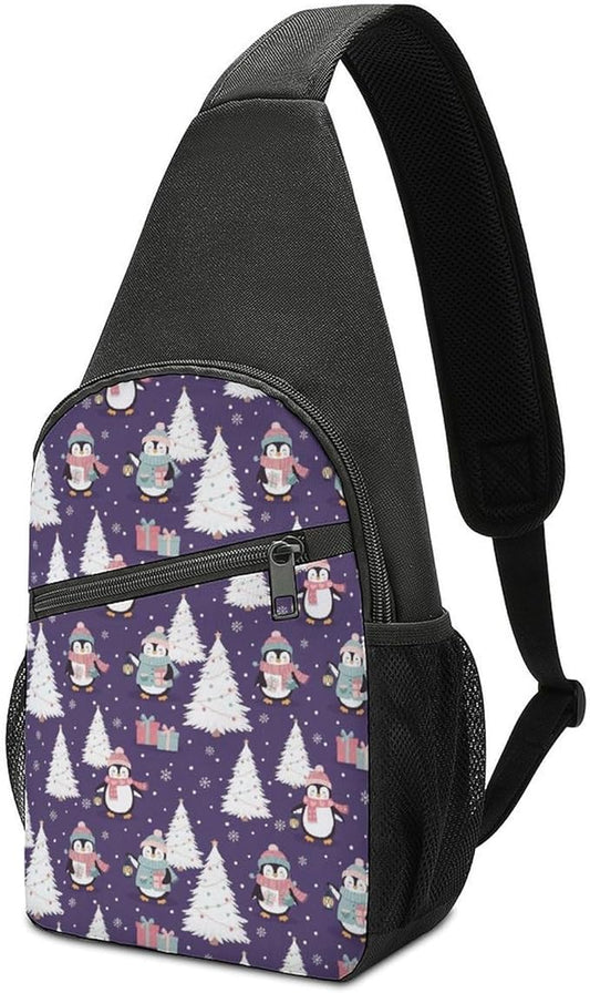 SWEET TANG Womens Fashion Gym Bags Anti Theft Crossbody Shoulder Chest Bag with Small Pocket, Multipurpose Daypack Bag for Cycling Traveling Hiking, Cute Penguin Christmas