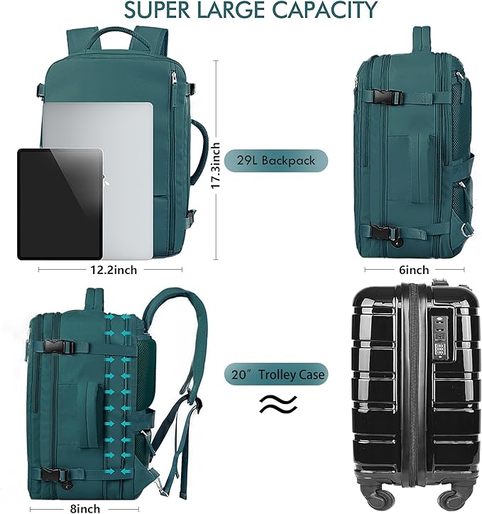 Beraliy Extra Large Travel Backpack for Women as Person Item Flight Approved, 40L Carry On Backpack, 17.3 Inch Laptop Backpack, Waterproof Backpack, Hiking Backpack, Casual Bag,Peacock Blue