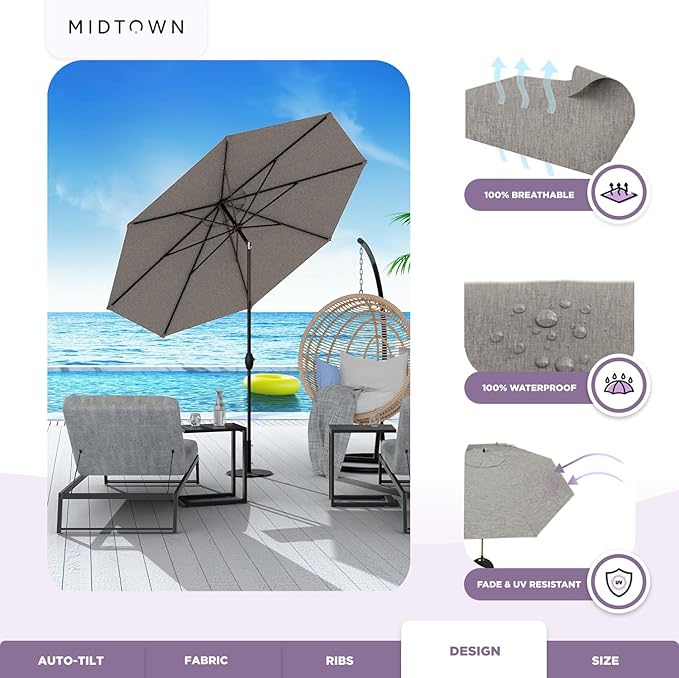 Midtown Umbrellas 10-Year-No-Fade - 6 Ft - UV Proof Greige Polyester Fabric - Umbrella Outdoor Patio, Auto-Tilt Aluminum Frame Large Patio Umbrella for Garden, Pool & Deck - Black Pole