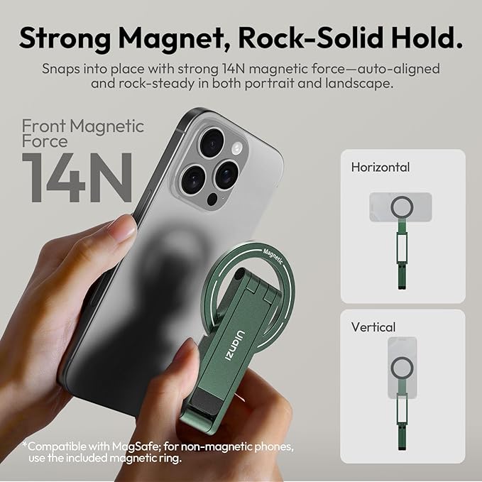 ULANZI MA60 Magnetic Phone Tripod Stand for iPhone - Aluminium Smartphone Mini Tripod Pocket Cell Phone Stand Strong Magnet Quick Mount Compatible with iPhone 16 15 14 13 13 Series, Green