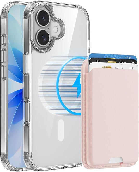 Ntwinro Magnetic for iPhone 17 Clear Case (Compatible with MagSafe) with Pink Detachable Wallet & Card Holder for 3 Cards [RFID Blocking] Military Grade Protective Slim Phone Cover