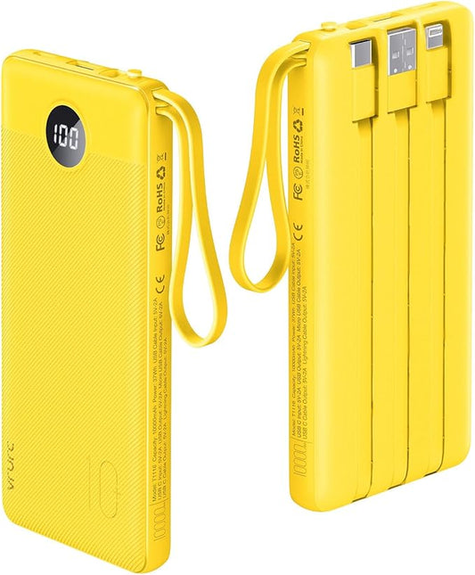 VRURC Portable Charger with Built-in Cables, 10000mAh LED Display USB C Power Bank, Slim Travel Battery Pack with 5 Output 2 Input Compatible with iPhone,Samsung,Android etc-Yellow(1 Pack)