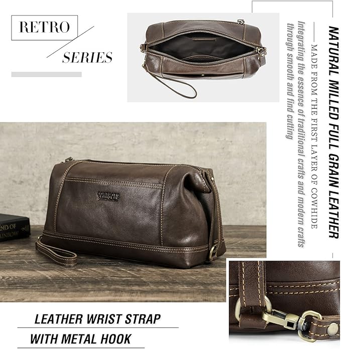 Travel Organizer Bag, Top Grain Leather, Handmade Vintage Design, Large Size & Multi Pockets, Portable Travel Storage Bag for Phone, USB Cable, Charger, Notebook, Cash, Cosmetics, Toiletries