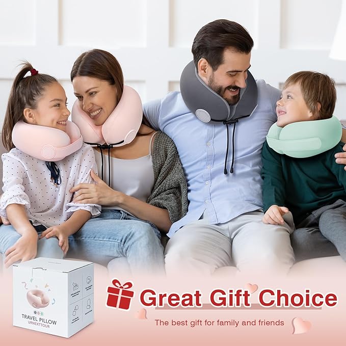 Car Pillow for Big Kids Travel Neck Pillows, Memory Foam Neck Support Travelling Pillow with Washable Cotton Pillowcases and Storage Bag, for Airplane, Train, Flight and Home Use Pink