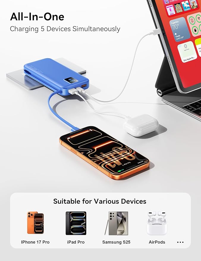 Portable Charger, 12000mAh 22.5W Fast Charging Power Bank with Built-in Cables & Wall Plug, Travel Essential Battery Pack with LED Display, USB C Battery Phone Charger for iPhone, iPad, Samsung Navy