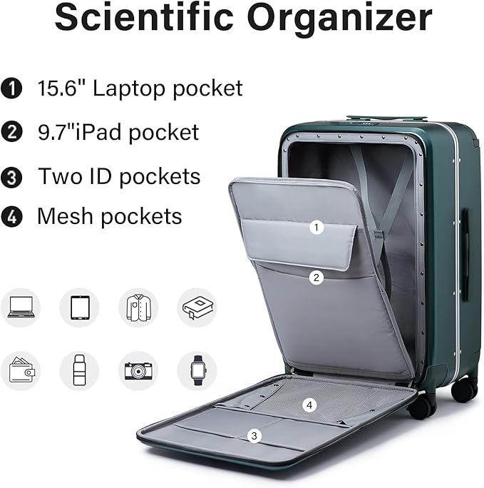 MILADA Wide Handle Luggage with Front Pocket Hardshell Aluminium Check In Suitcase with Wheels Medium 24 Inch Front Opening Checked Luggage with Spinner Wheels TSA Approved Luggage, Blackish Green
