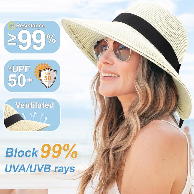 DRESHOW Sun Hats for Women Travel Fedora Foldable Beach Sun Hat Summer Wide Brim Straw Bucket Hat with Bowknot UPF 50+
