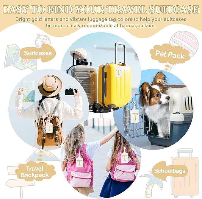 Personalized Initial Luggage Tags for Suitcase TSA Approved, White Leather Cute Luggage Tag with Privacy Cover Name Card, Embroidered Custom Luggage Tags Travel Baggage Tags Gifts for Women Kids(T)