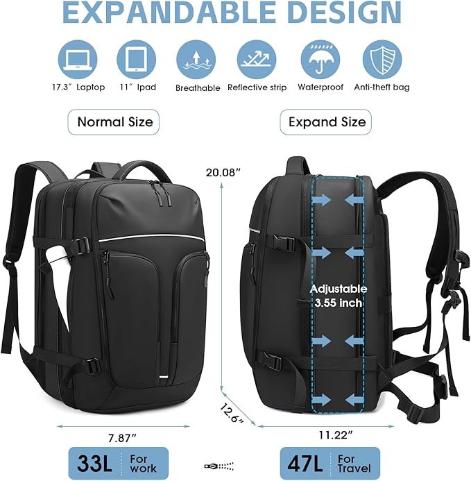 Vacuum Compression Backpack for Travel, 47L Expandable Backpack with Pump, 17 inch Laptop Backpack Luggage Flight Approved with Vacuum Compression System