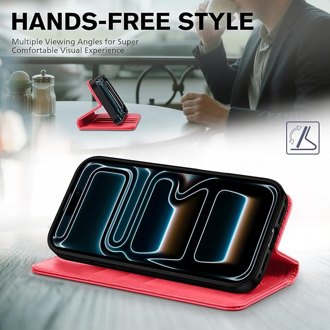 TUCCH Case Wallet for iPhone 17 Pro (6.3") 2025, RFID Blocking, 3 Card Holders, Kickstand, PU Leather, Protective Flip Folio Cover, TPU Shockproof Interior Shell, Bright Red