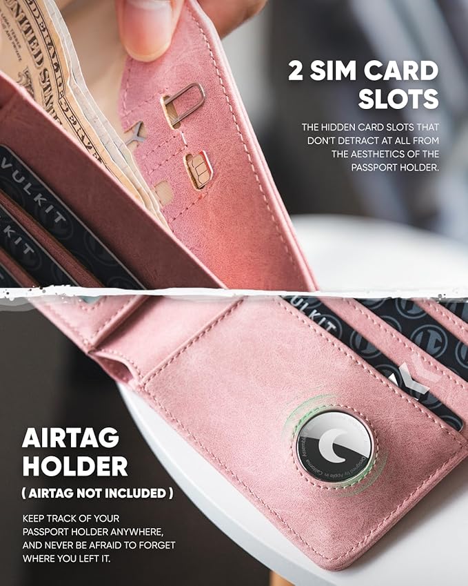 VULKIT Passport Holder with Airtag Holder RFID Blocking Passport Wallet Travel Leather Passport for Women(Pink)