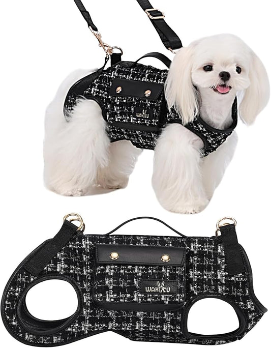 Wakytu Dog Lift Harness Dog Carrier Dog VES Harness Adjustable Dog Leash with Small Puppy Treat Bag（Black,S）