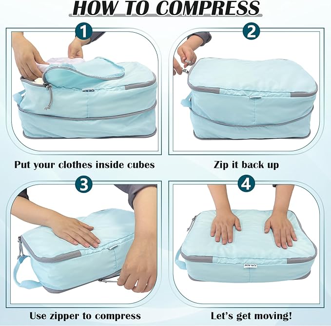 Compression Packing Cubes for Travel, Expandable Compression Bags Travel Cubes for Packing Suitcase Organizer Bags Set (Blue, 4 pcs)