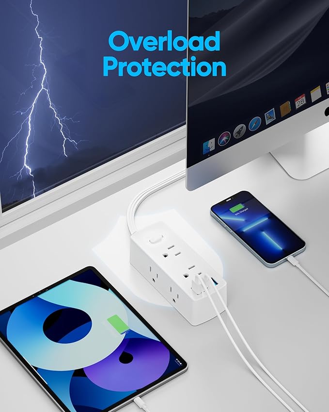 Power Strip Surge Protector, Olcorife Ultra Thin Flat Plug Extension Cord 5ft, 6 Outlets 3 USB Ports(1 USB C), 3 Sided Outlet Extender for Home Office Travel Dorm Room Essentials, White