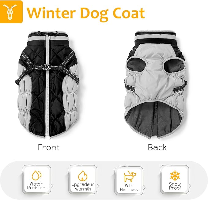 Abuandi Dog Winter Coat with Harness, Dog Jacket, Pet Clothes with Zipper on Back, Waterproof Windproof Warm Vest, Reflective Cold Weather Coats, for Small Medium Large Dogs, Thick, Black, 2XL