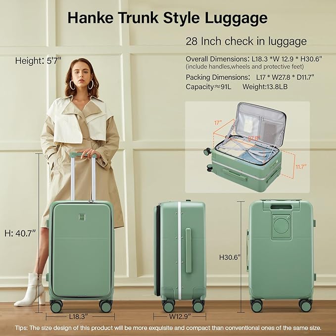 Hanke 28 Inch Luggage with Cup Holder and Charge,Top Opening Hard Shell Suitcases with Wheels and Dividers,Aluminum Frame Trunk Luggage Extra Large Suitcase with Lock for Travel,Forest Green