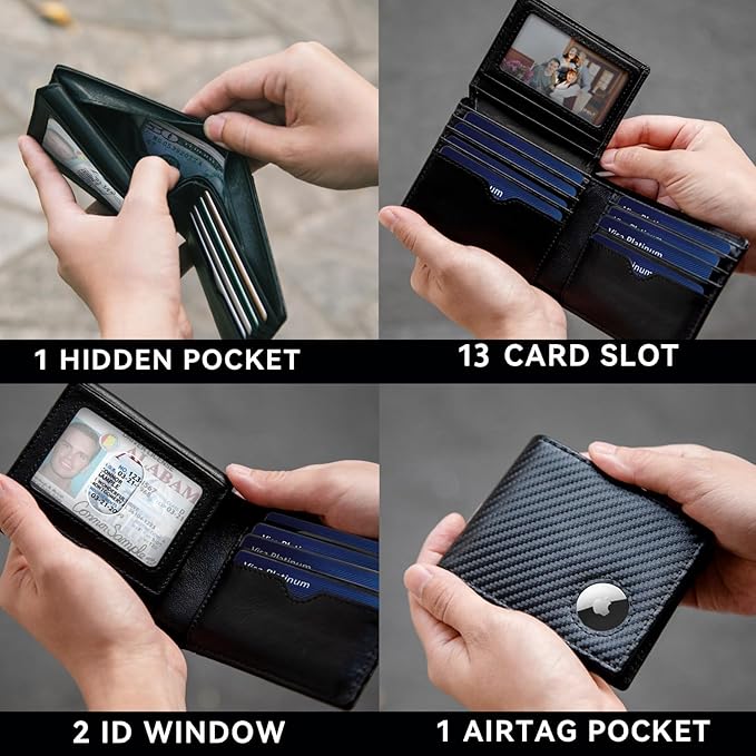 Mens Wallet with AirTag Holder, Genuine Leather Bifold RFID Blocking Wallet for Men - 2 ID Window 13 Cards Holders 1 Gift Box, AirTag Not Included