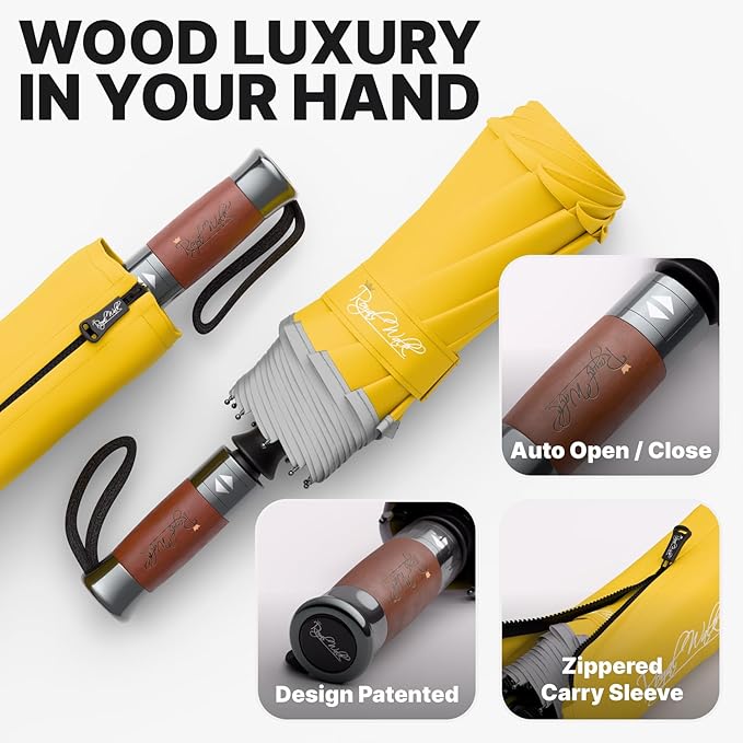 Royal Walk Windproof Folding Travel Umbrella Compact and Strong Luxurious Real Wood Handle Automatic Open Close Vented Double Canopy for Men and Women