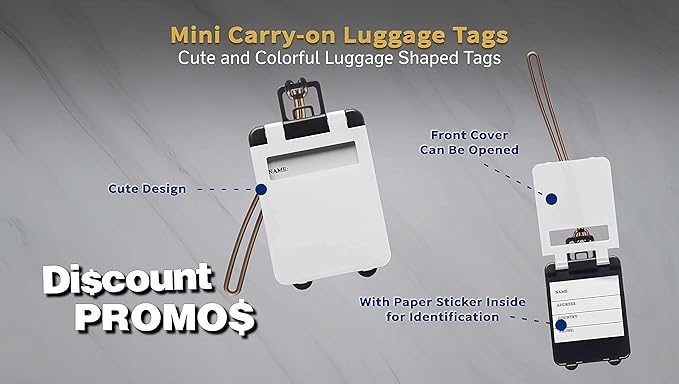 10 Mini Carry-on Luggage Tags Pack - Flip Open Cover, ID Sticker - White
