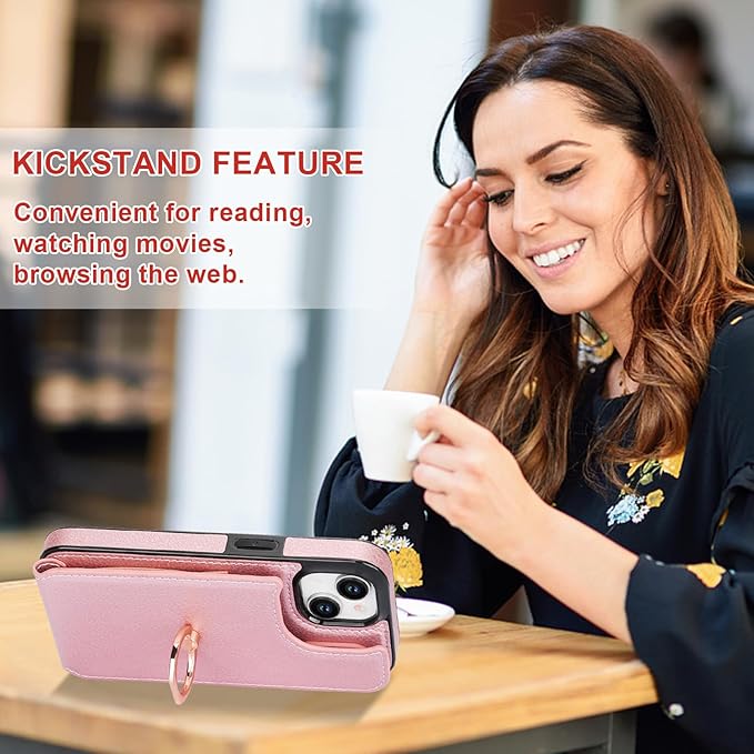 Folosu Compatible with iPhone 15 Case Wallet with Card Holder, 360°Rotation Finger Ring Holder Kickstand, RFID Blocking Leather Protective Double Buttons Shockproof Cover 6.1 Inch Rose Gold