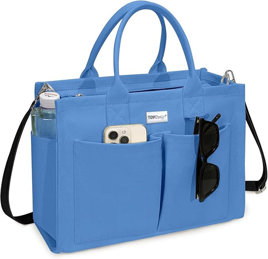TOPDesign Heavy-Duty Canvas Tote Bag for Women, Adjustable Crossbody/Shoulder Handbag with 9 Pockets, Everything Tote