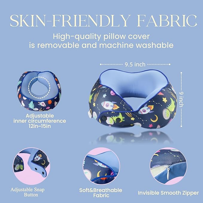 SKYTRAX® Certified Kids Safe Memory Foam Travel Neck Pillow for Kids and Toddlers, Cute Cartoon Design, Car Seat & Airplane Head Neck Support, Adjustable Snap Button, Washable Soft Cover (Dinosaur)