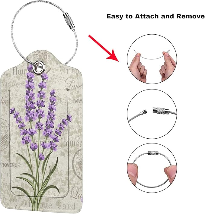 2 Pcs Purple Lavender Luggage Tags for Women Girls Travel, Cute Flower PU Leather Bag Tags Baggage for Suitcases with Stainless Steel Loop & Privacy Name ID Card Cover Identifiers Labels Set