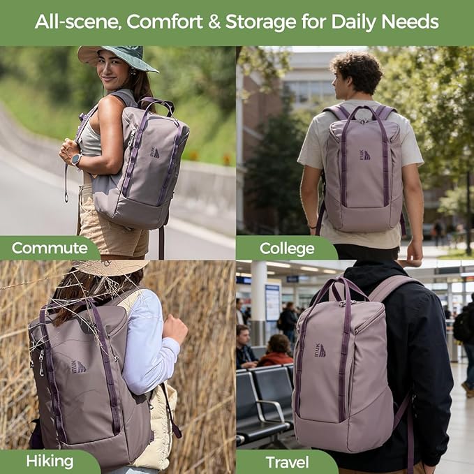 INUK Laptop Backpack for College Students & Work, 25L Lightweight Waterproof Backpack for Business Travel, Hiking Daypack with Padded Sleeve and Safety Whistle, Made from Recycled Materials，Purple