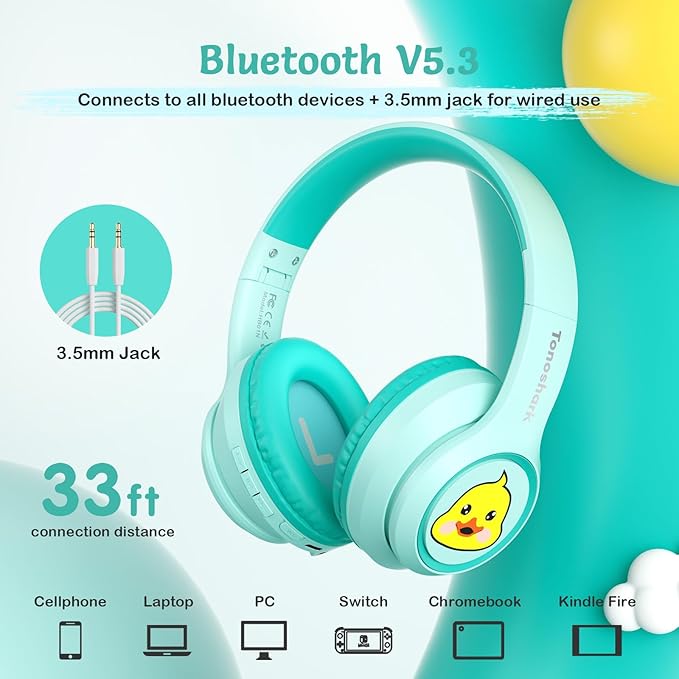 Kids Bluetooth Headphones with Active Noise Cancelling, Wireless Over-Ear Headphones for Boys Girls, Foldable, Adjustable, Safe Volume, 40H Playtime, Mic for School Travel (Mint Green-Dunk)