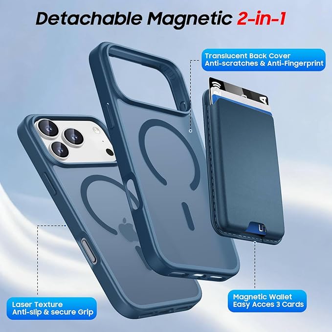 Ntwinro Magnetic for iPhone 17 Pro Case (Compatible with MagSafe) with Detachable Wallet & Card Holder for 3 Cards [RFID Blocking] Military Grade Protective Slim Phone Cover, Deep Blue
