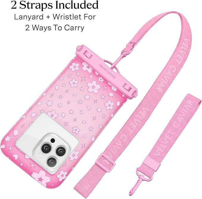 VELVET CAVIAR Waterproof Phone Pouch with Lanyard | IP68 Floating Case for iPhone & All Phones | Dry Bag for Snorkeling, Beach, Kayaking | Travel & Cruise Essentials for Women (Pink Cherry Blossom)