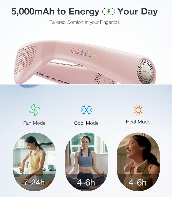 TORRAS COOLiFY Air 2025 Upgraded Neck Fan Air Conditioner, Ultra-Light Portable Fan Rechargeable, Personal Cooling Neck with 3 Modes Fan/Cooler/Heat for Travel, Camping, Outdoor Gift for Women, Pink